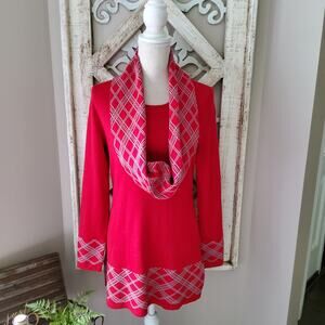 Notations Women's Long Sleeve Tunic with Infinity Scarf in Red & Gray Plaid Trim